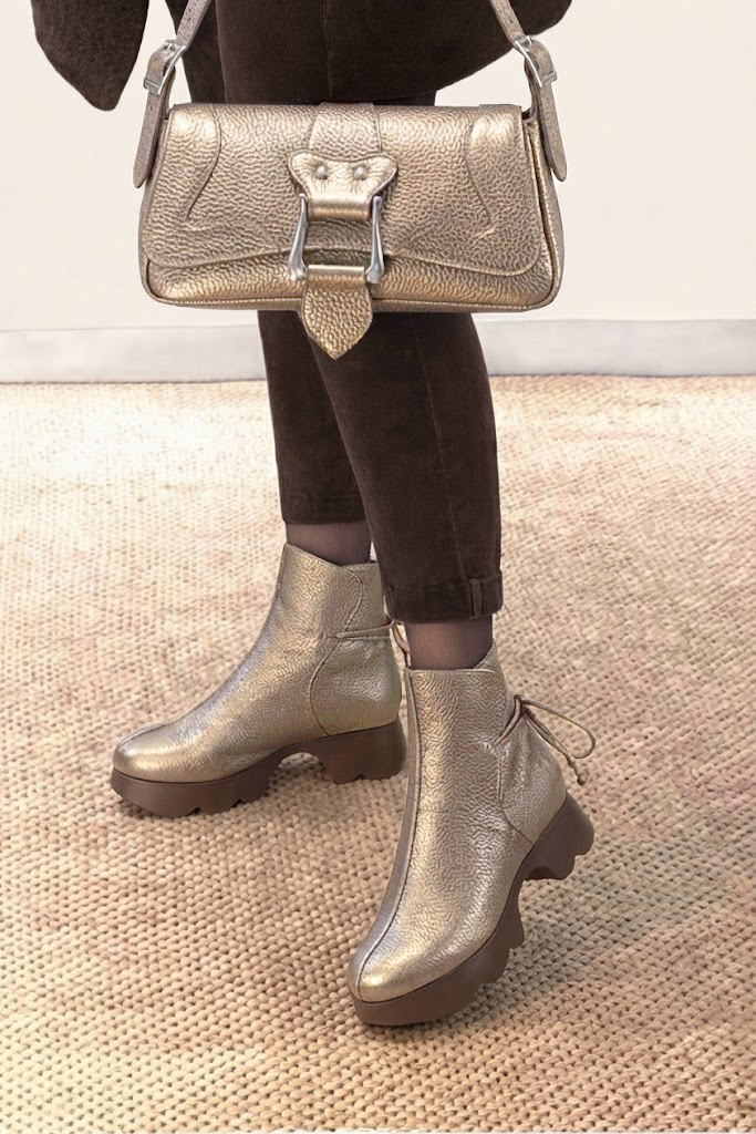 Women's gold back lace-up ankle boots with round toe and chunky rubber sculpted sole - Top view